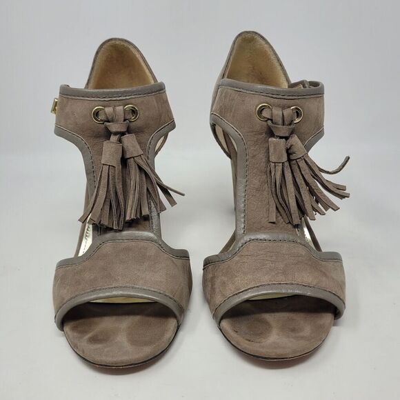 Coach Shoes Womens 9 Taupe Gray Suede Tristen Heels Tassel Sandals Turnlock - Picture 3 of 10